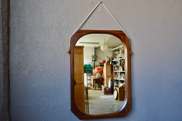 Grand Miroir italien ancien en teck glace mural style design vintage scandinave
