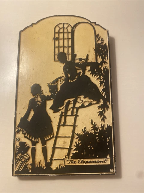 Vintage Painted Silhouette Plaster Of Paris Tile "The Elopemen"  1930' 8.5" x 5"