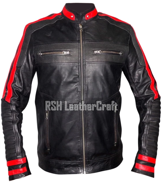 Men's Black & Red Motorcycle Cafe Racer Real Sheepskin Leather Biker Jacket