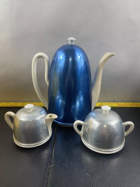 Vintage Porcelain Tea Pot With Blue Aluminum  Insulation Sleeve Sugar And Cream