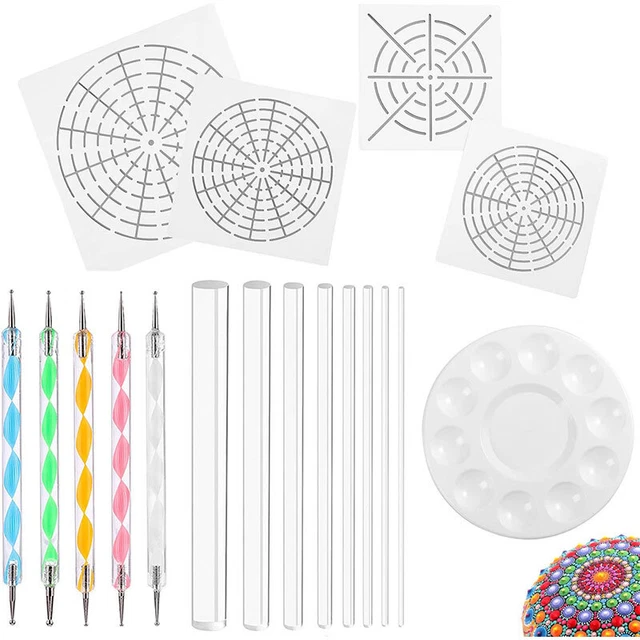 Juego de 18 herramientas de puntos de arte mandala incluyendo 4 plantillas de mandala, 8 varillas de acrílico D8W3