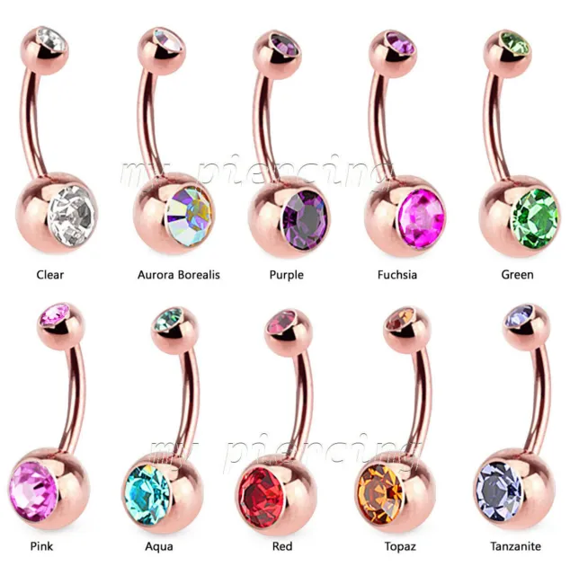 Rose Gold IP Surgical Steel Double Gem Navel Ring Belly Button Ring 14G 3/8"