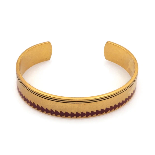 Gold Tone Red Triangles / Black Lined 12mm Wide Medium Cuff Fashion Bracelet