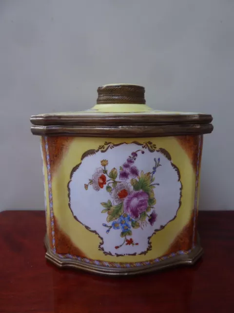 Vintage Castilian Brass Porcelain Box W/ Hinged Lid Hand Painted 6.26” W 5.75” H