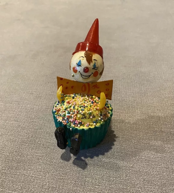 Rare De Sela Paper Mache Happy Clown Cupcake Folk Art Signed Vintage Ornament