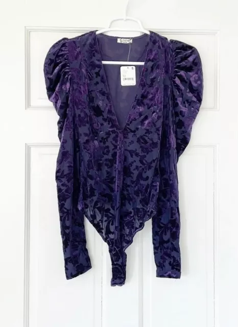 FREE PEOPLE MAGIC Hour Bodysuit Velvet Burnout Ruched Long Sleeve Midnight  XS $34.99 - PicClick