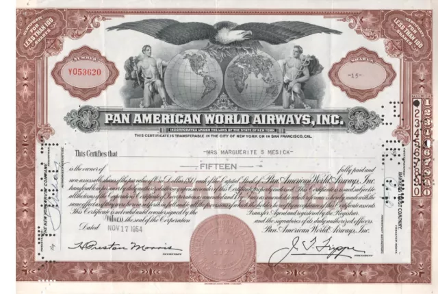 Pan American World Airways, Inc. - Original Stock Certificate -1954 - Y053620