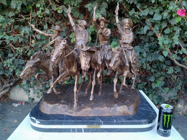 Large Coming Through The Rye Remington On Triple Marble Bronze Sculpture Tableto