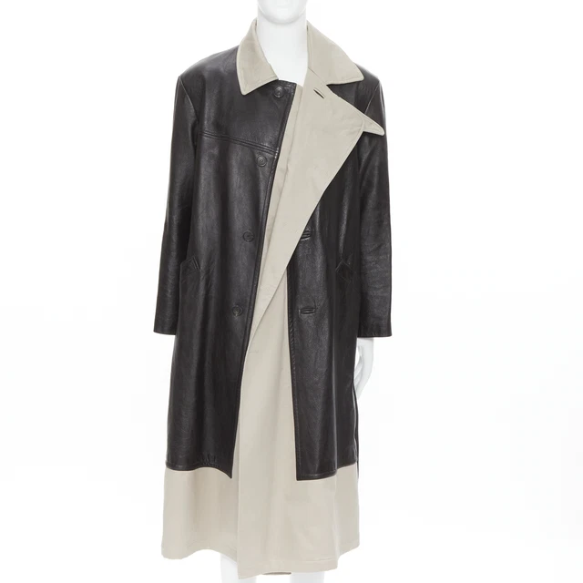 BALENCIAGA Fake Layering black leather beige trench belted coat M