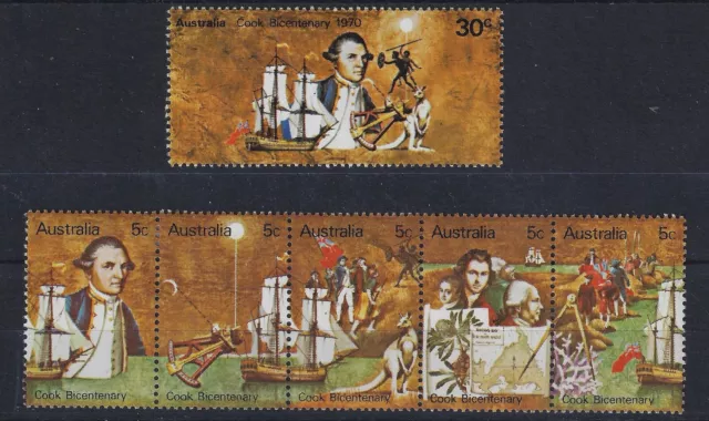 1970 Australia MNH Captain Cook Bicentenary Set - 30c & 5x5c Tenant Strip Stamps