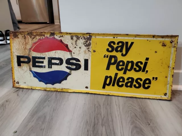 c.1963 Original Vintage Pepsi Sign Metal Embossed Say Pepsi Please Soda Grocery