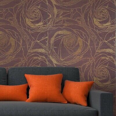 Textured floral large roses rustic burgundy bronze Metallic embossed Wallpaper