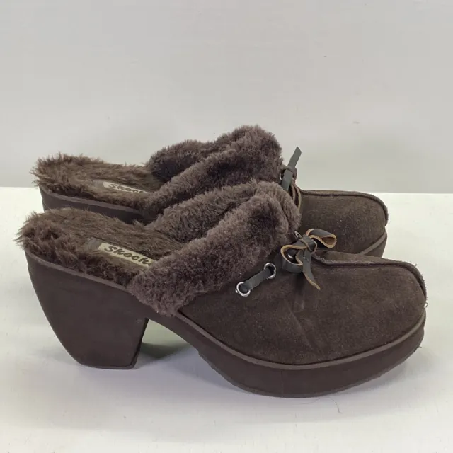 Skechers Disco Bunny Boogie Down Brown Soft Suede Shoe Chunky Heel Clogs Size 9