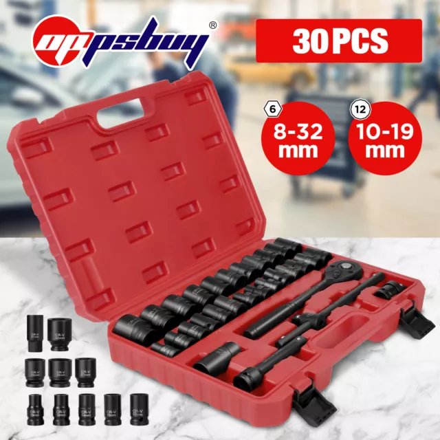 30pcs 8-32MM Drive Deep Impact Socket 1/2" Metric Workshop Garage Tools Set Kit