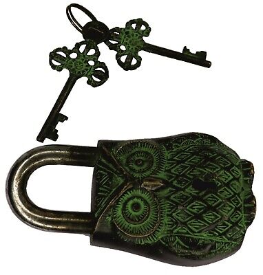Owl Shape Security Door Lock Antique Style Handmade Brass Padlock & Unique Keys 2