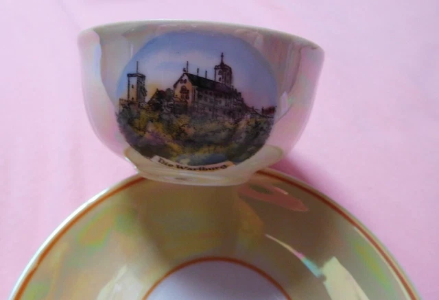 Wartburg Mokkatasse mit Teller, DDR Porzellan, Perlmuttbemalung, selten, rar