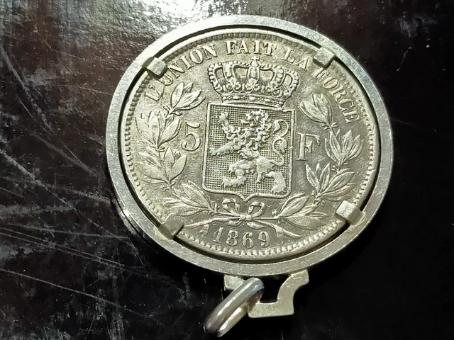 Belgique monnaie 5 francs 1869 Léopold II en argent monté en bijou Belgique monnaie 5 francs 1869 Léopold II en argent monté en bijou