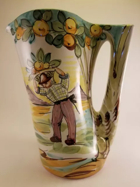 Unusual Vintage Ceramic Hand Painted Pitcher Italy Majolica Square Handle