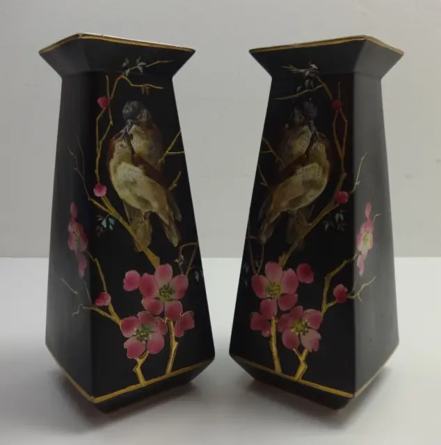 Vintage Vase Pair Of Japanese Flower & Bird Black Algiers England Matching Pair