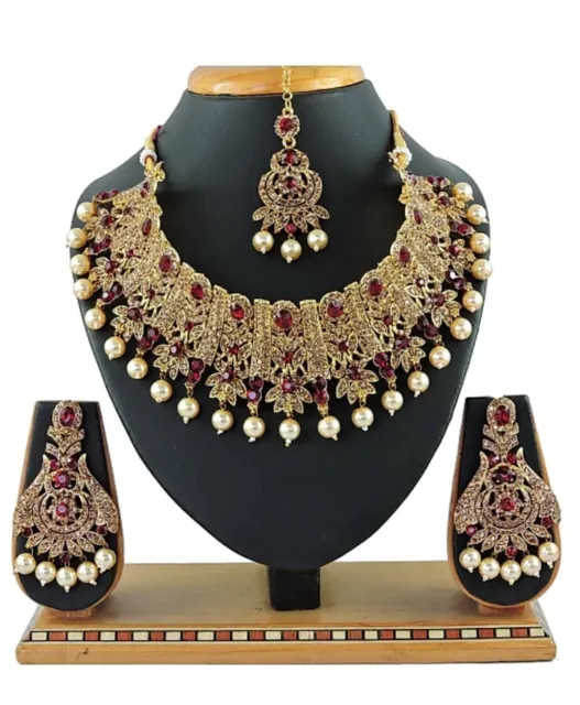 Maroon Lct Indian Traditional Wedding Gold Plated Diamond Pearl Bridal Jewelry
