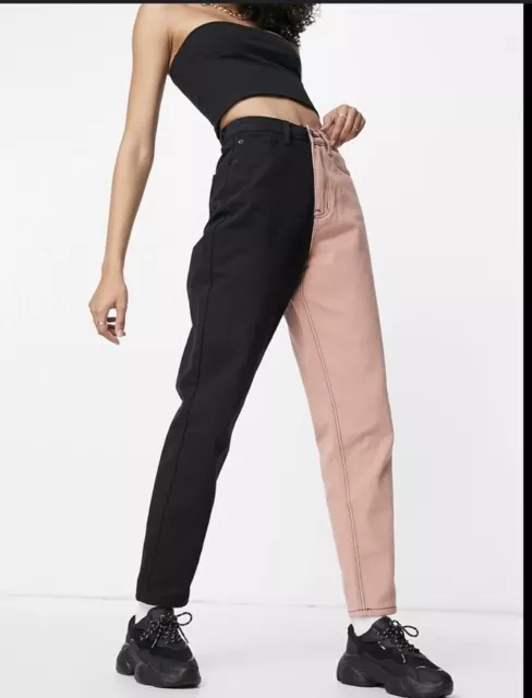 Bnwt Festival Colour Block Boho Pink Black Denim High Waist Mom Jeans 12 31W 31L