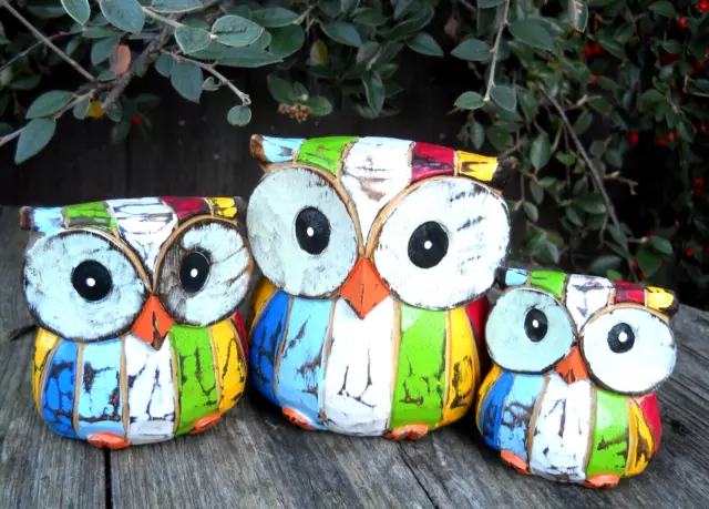 Carved Wooden Set of 3 Lovely OWL Coloured Figure 10 / 8 /6 cm Home Decoration