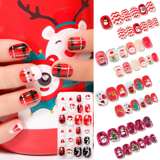 24PCS / Set Navidad Uñas Postizas Niños Completo Funda Falso Manicura de "