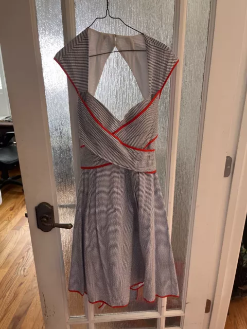 Jessica Simpson Seersucker Sundress Blue Orange Crossover Tie Fit Flare size 6