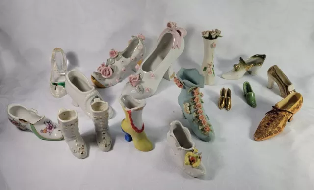 Porcelain Vintage Shoe Collection 16 Total. Beautiful Detail. Miniature.