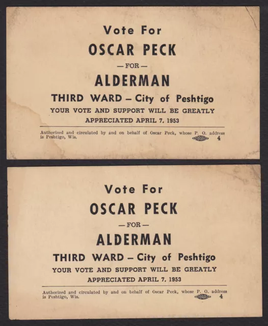 2-Peshtigo-Wisconsin-Oscar Peck-Alderman-Vote-Business Card-Vintage Lot