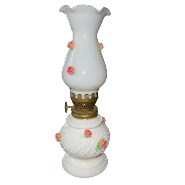 Vintage Miniature Hobnail Milk Glass Oil Lamp w/ Applied Ceramic Pink Roses 8"
