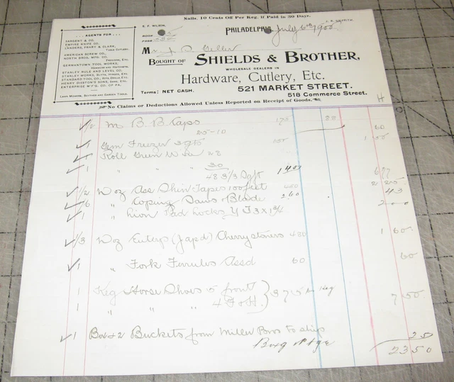 1900 SHIELD & BROTHER Hardware Cutlery Etc BILLHEAD Receipt - Philadelphia, PA