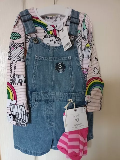NEXT Girls Unicorn Dungarees Shorts Top & Pink Tights 3 Piece Set 3-4 Years BNWT