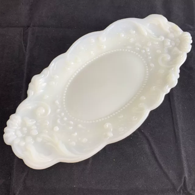 Antique Milk Glass 9" Vanity Dresser Pin Tray Victorian Floral Beaded Vtg READ