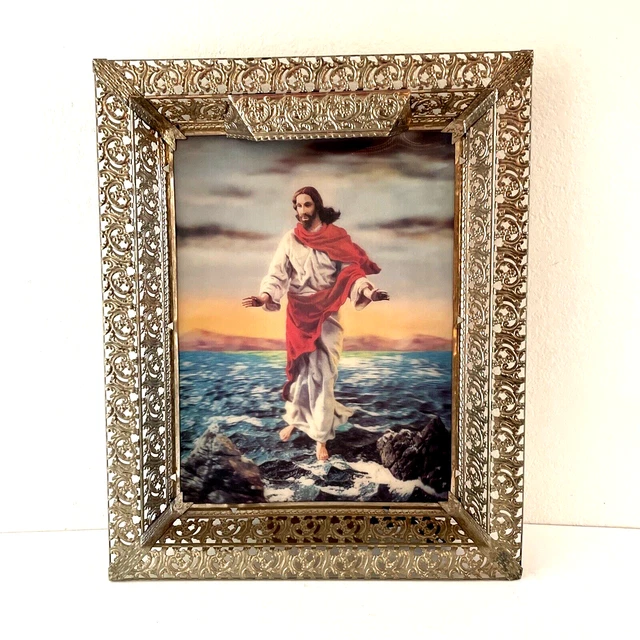 VINTAGE LIGHT Up Jesus Walking on Water Picture Metal Gold tone Frame ...