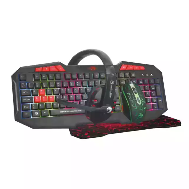 Gaming Keyboard Mouse Set inc. Headphones & Mouse Mat Rainbow LED Wired for PC