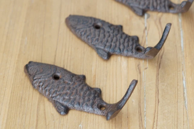 3 Fish Wall Hook Coat Hat Towel Beach Koi Hooks 4 3/4" Rustic Cast Iron Bath 2