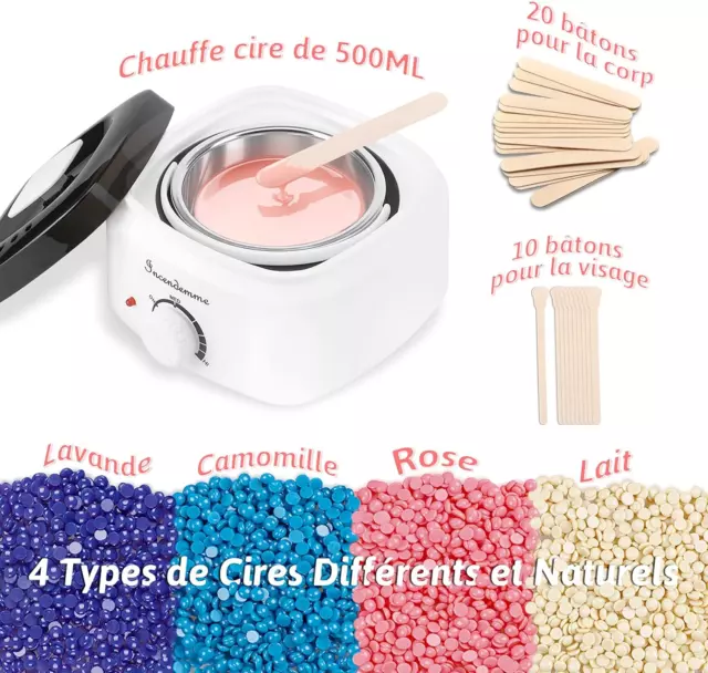 Chauffe Cire Épilation, Incendemme Kit Électrique Chaude Avec 400G Billes De Cir 3