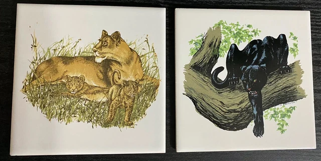 Screen Craft Square Tile Black Panther and Lion & her cubs Portugal D. Bodington