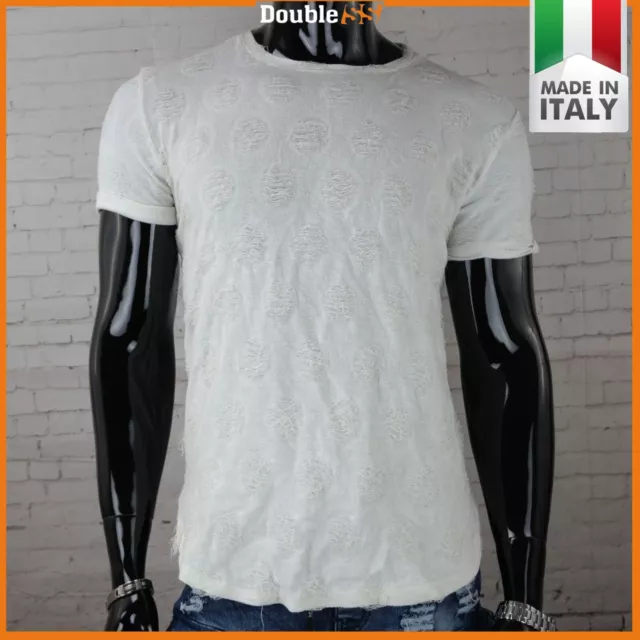 T-shirt da Uomo maglietta Bianca manica corta in Cotone Girocollo Strappata XL M