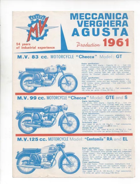 MV Agusta 1961 Gesamtprogramm 83cc bis 300cc Prospekt brochure depliant