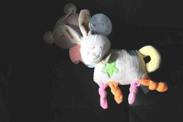 Doudou hochet lapin beige BABYNAT BABY NAT' bubble gum orange rose 22 cm NEUF