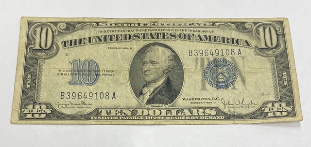 1934 D US Mint $10 Dollar Blue Seal Silver Certificate Paper Note