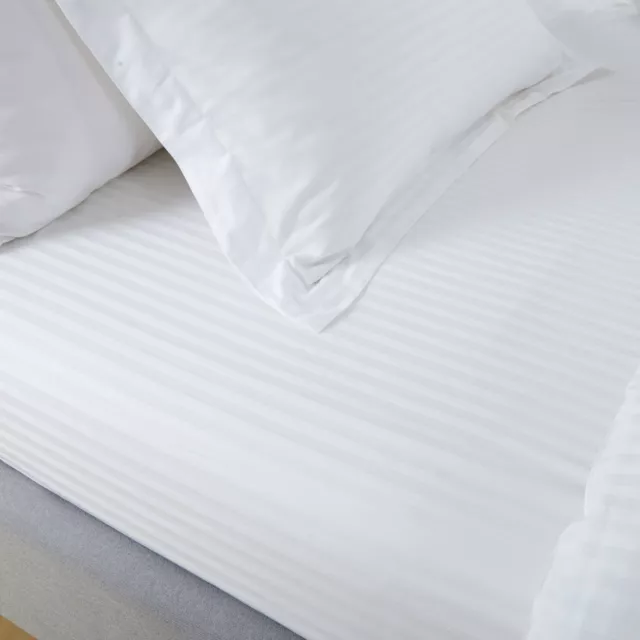 100% Egyptian Cotton Sateen 300Tc White Satin Stripe  Fitted Sheet Hotel Quality