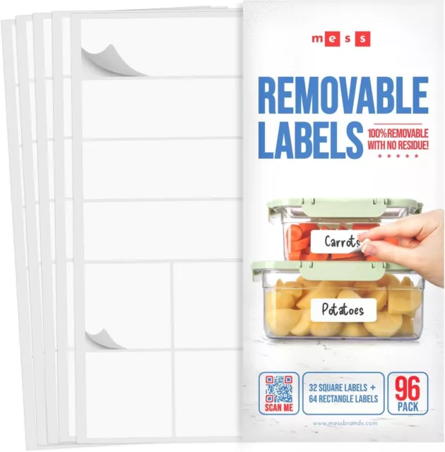 MESS Erasable Labels for Kitchen - 96/Pack White Stickers - 1x3 in & 1x5 in