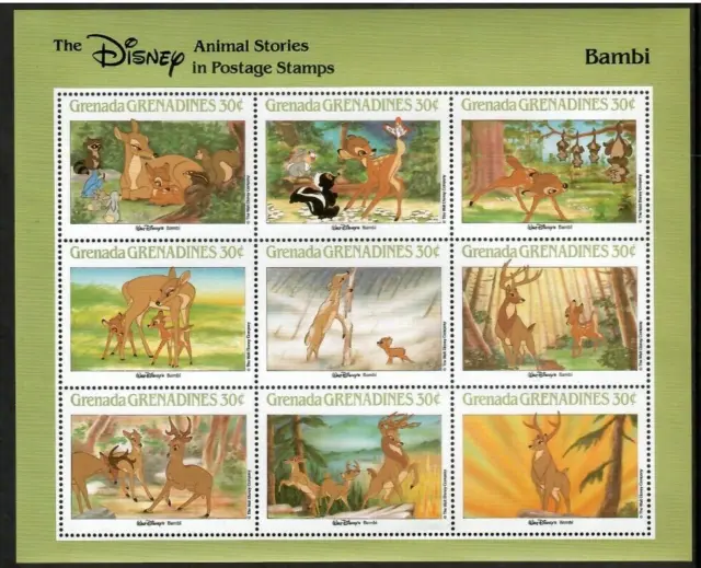 Grenadines 1988 - Disney - Bambi - Sheet of 9 Stamps - Scott #986 - MNH