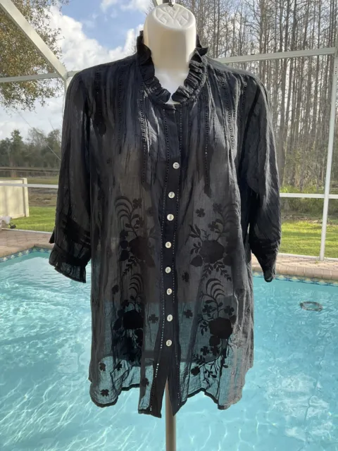 Kyla Seo Omari Blouse Top Women's Small Embroidered Caite Black Sheer Voile NWT