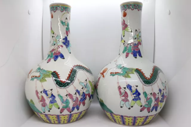 PAIR OF Chinese Qing Daoguang Famille Rose Boy Figures Porcelain Vase 35 cm