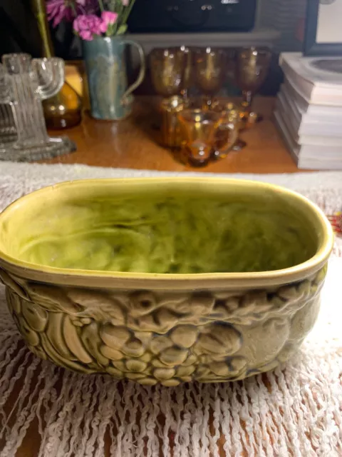 Art Deco Antique Olive Green Glazed Pottery Planter~Relief Fruit Oval~Majolica