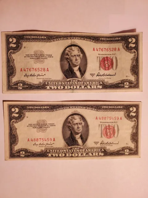 2 1953 A Series $2 Dollar American Bank Notes Red Seal Circulated But Crisp